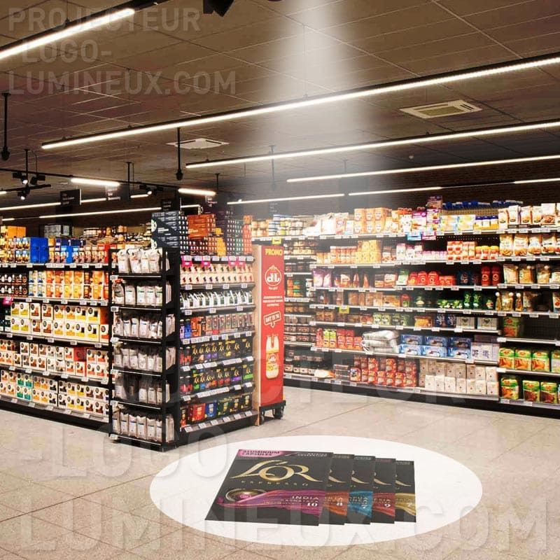 Projection illuminated advertising floor store for merchandising