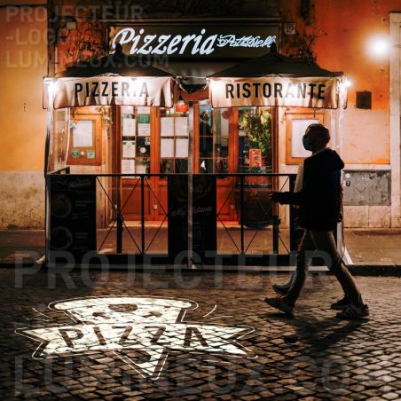 Illuminated pizza logo on sidewalk for pizzeria sign