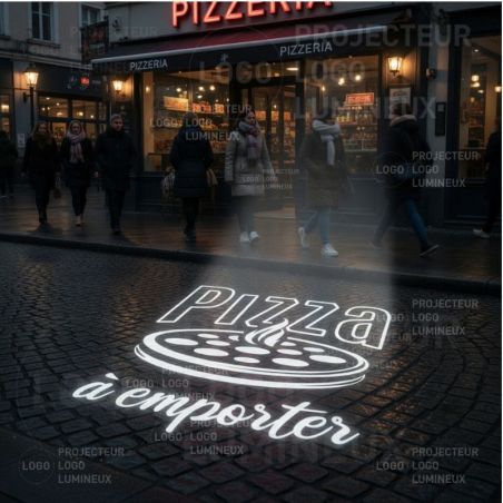 Projecteur logo lumineux au sol – Signalétique publicitaire pour pizzeria & commerces